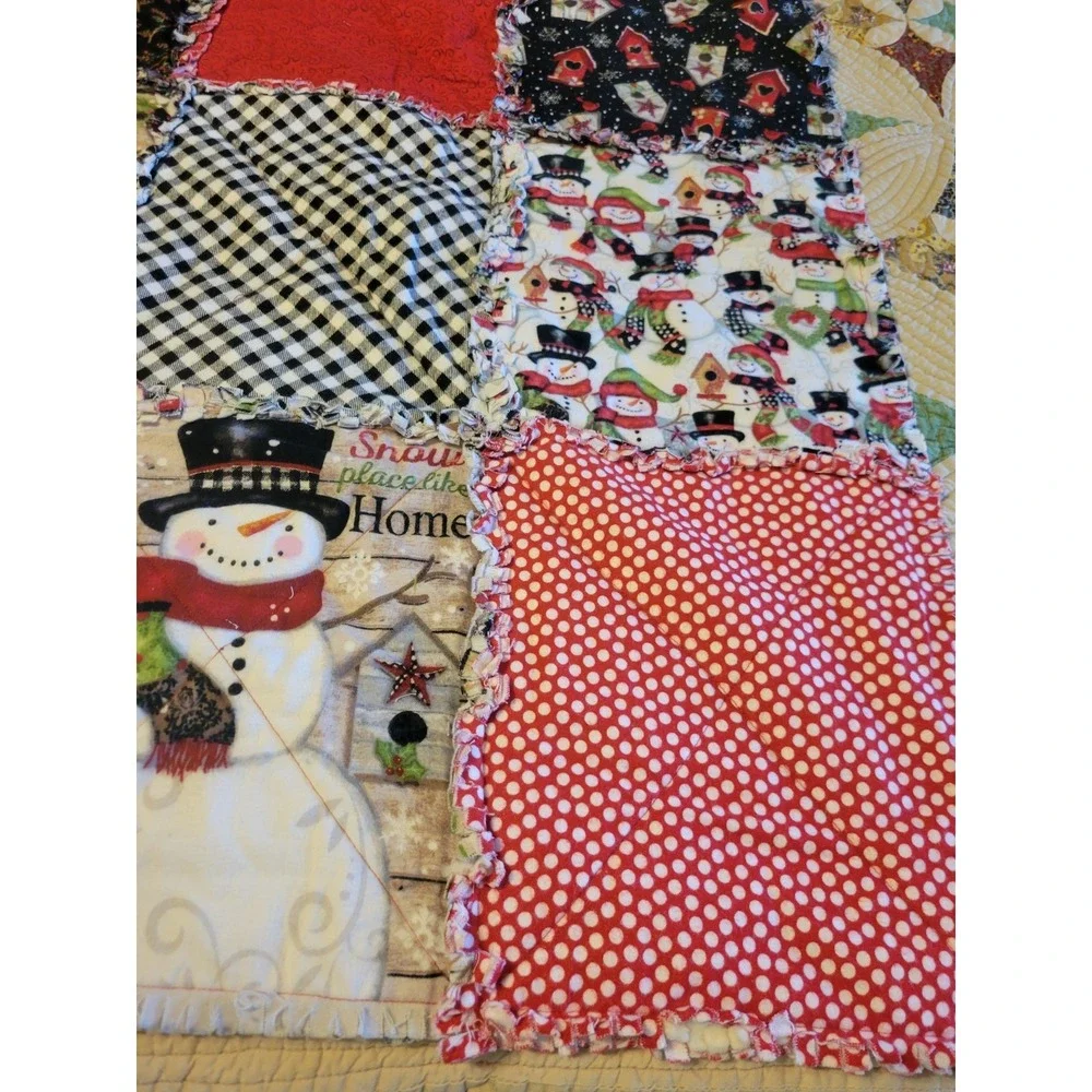 Handmade Rag Quilt Throw Blanket Snowman Christmas Farmhouse Rustic Red Green